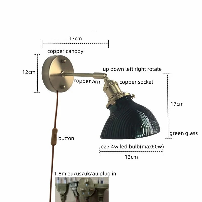Green Glass Copper LED Wall Lamp Sconce Modern Nordic Design