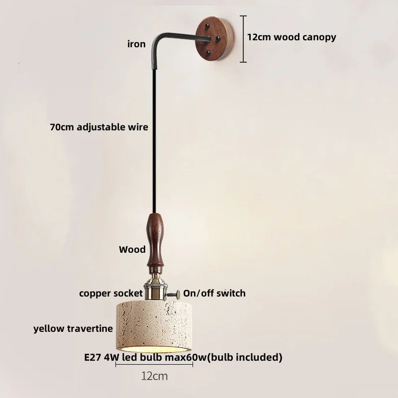 Yellow Travertine Stone Wood Wall Sconce LED Light Fixture, Modern Nordic Design