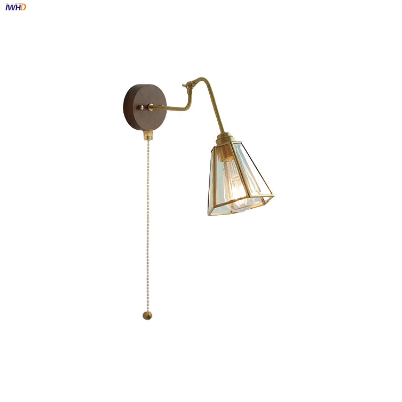 Clear Glass LED Wall Sconce Pull Chain Switch Rotate Arm Walnut Wood Stair Light