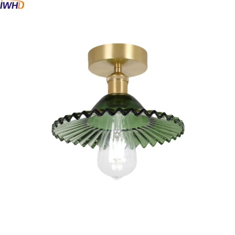 Green Glass Copper Ceiling Light Fixture Balcony Kitchen Modern LED Lamp