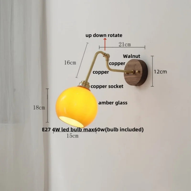 Rotating Copper LED Wall Light with Pull Chain Switch and Walnut Base