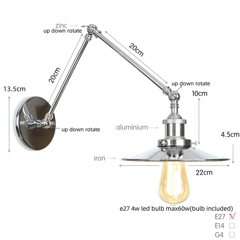 Vintage Industrial Long Arm Adjustable LED Wall Sconce Pull Chain Switch Bedside Lamp