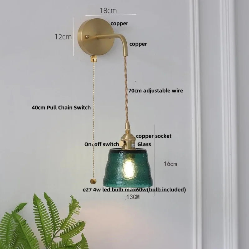 Clear Glass LED Wall Lights Brass E27 Pull Chain Switch Bedside Lamp