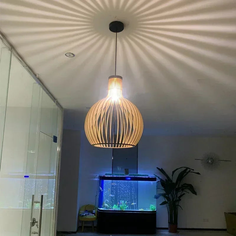 Wooden Bird Cage Pendant Lamp - Nordic Ceiling Hanging Light for Dining Room