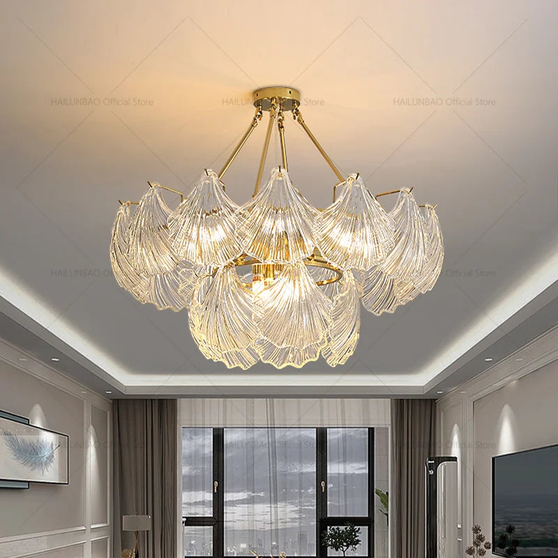 Pearl Crystal Chandelier for Dining Living Bedroom, Elegant French Shell Glass Light