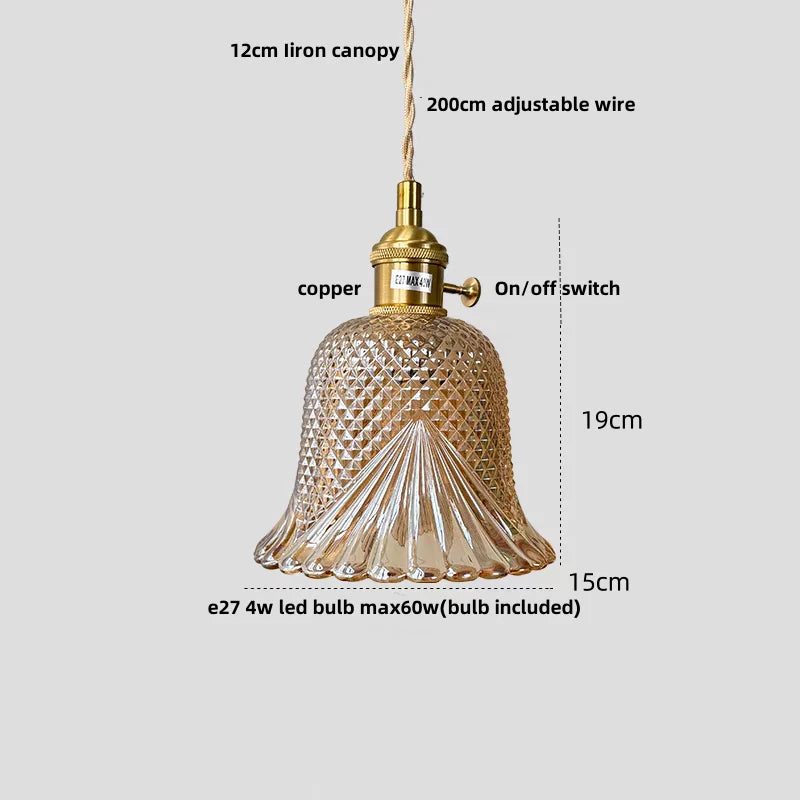 Walnut Wood LED Pendant Light Fixture with Glass Lampshade and Knob Switch