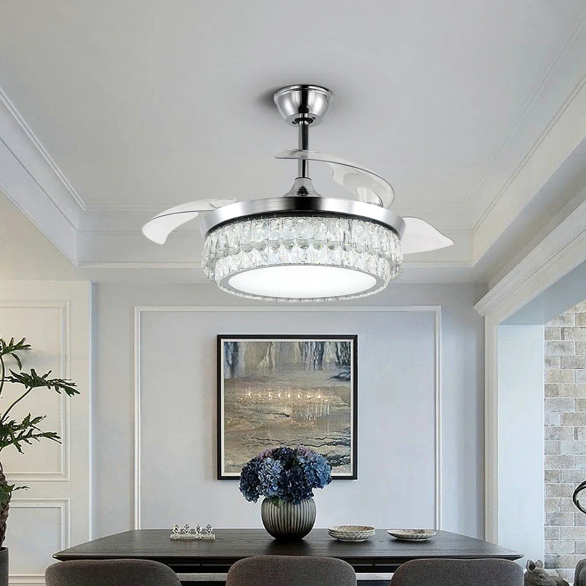 Modern Crystal Chandelier Fan with Retractable Blades and Dimmable LED Light