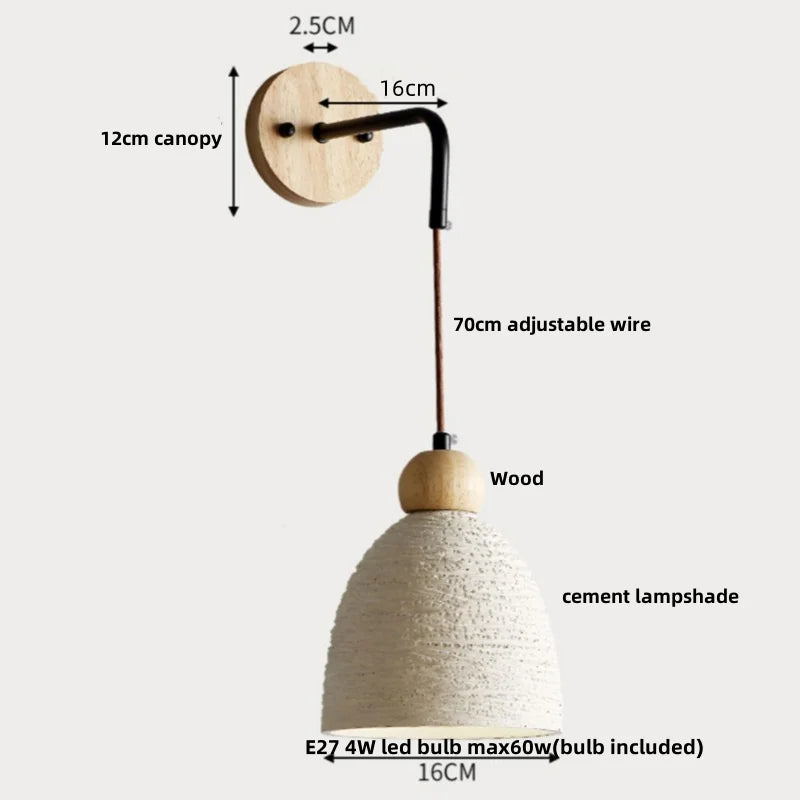 Adjustable Wall Lights Pull Chain Switch Wood Socket Cement Modern Bedside Lamp