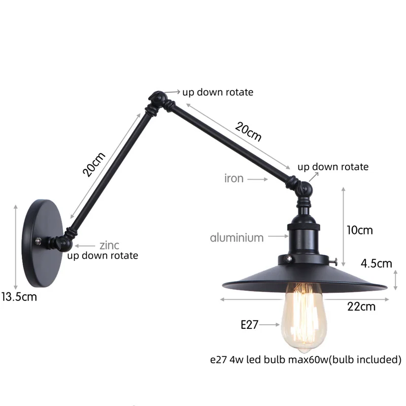 Black Iron LED Wall Light Fixture Industrial Vintage Adjustable Long Arm