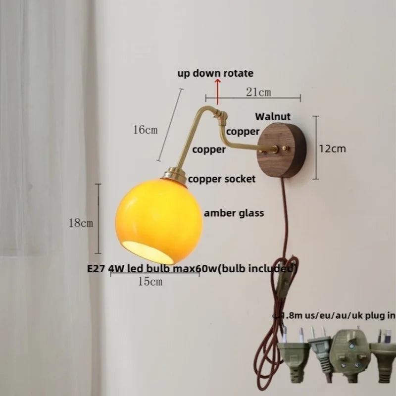 Rotating Copper LED Wall Light with Pull Chain Switch and Walnut Base