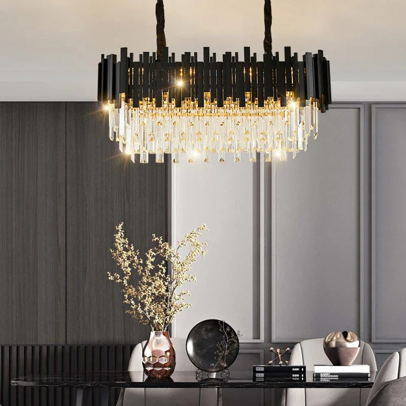 Oval LED Crystal Chandelier: Modern Black Pendant Light for Living Room, Bedroom, Dining Room