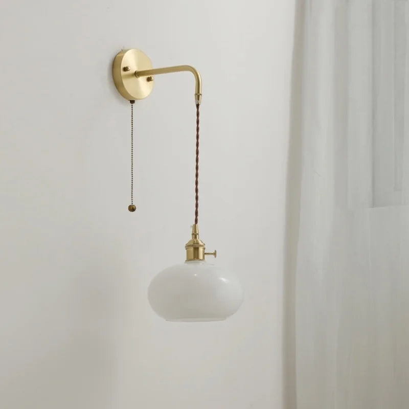 Glass Copper LED Wall Lights with Knob Switch, Modern Bedside Lamp