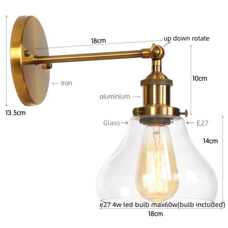 Afralia™ Gold LED Wall Sconces Iron Loft Retro Home Bedroom Lamp