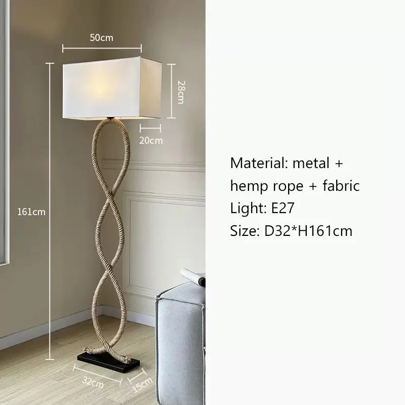 Hemp Rope Fabric Shade LED Floor Lamp for Nordic Retro Wabi Sabi Style
