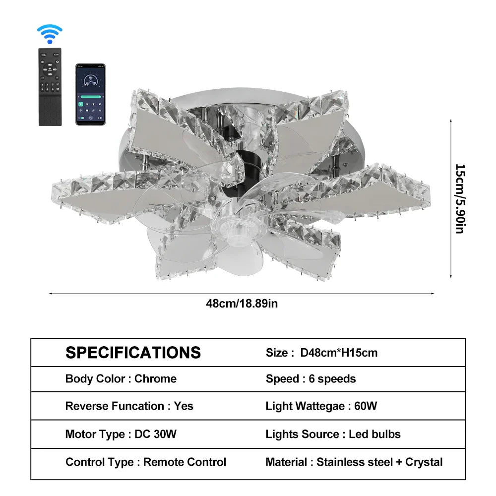 Crystal Luxury Ceiling Fan with LED Lamp Chandelier Smart Home Decor Fixtures