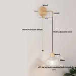 Clear Glass LED Wall Lights with Wood Pull Chain Switch, Modern Art Bedside Lamp