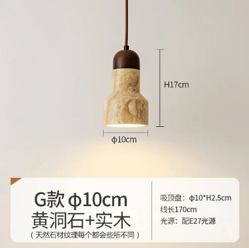 Japanese Wooden Stone Chandelier Pendant Light, Wabi-Sabi Style Yellow Cavity-Stone Lamp