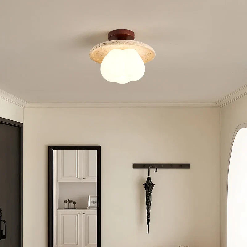 Yellow Travertine Stone LED Ceiling Light Fixture White Glass Ceiling Lamp
