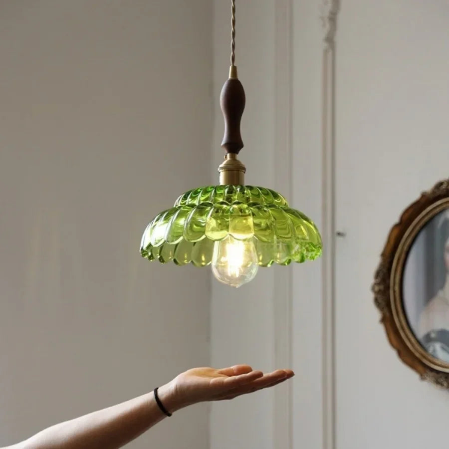 Afralia™ LED Pendant Lamp with Adjustable Wire, Copper Socket, Walnut Wood, Green Glass