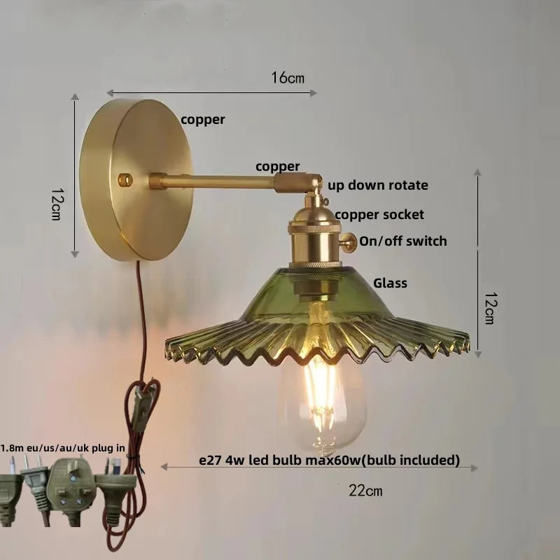 Vintage Green Glass LED Wall Light with Pull Chain Switch