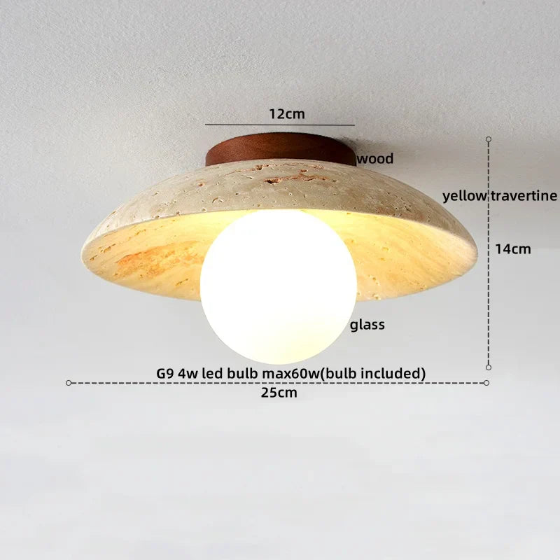 Yellow Travertine Stone LED Ceiling Light Fixture White Glass Ceiling Lamp