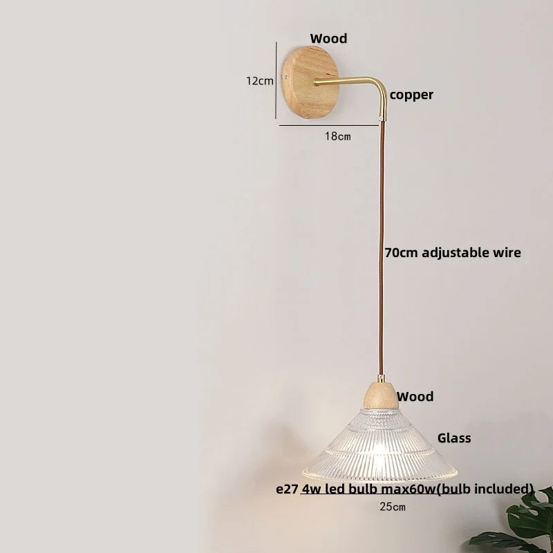 Clear Glass LED Wall Lights with Wood Pull Chain Switch, Modern Art Bedside Lamp