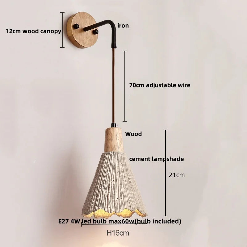 Afralia™ Nordic LED Wall Sconce Wood Cement Interior Home Decor Plug-In Bedside Light