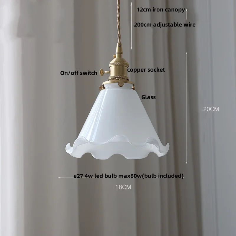 Amber Glass LED Pendant Lamp Walnut Wood Copper Hanging Light