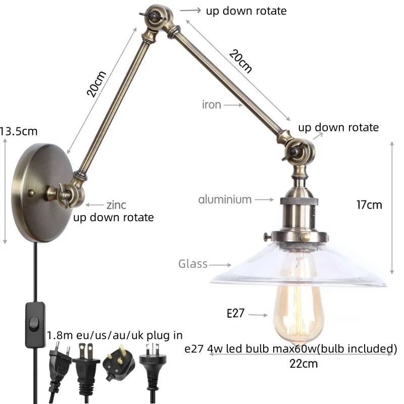 Vintage Industrial LED Wall Light with Clear Glass Shade & Adjustable Long Arm