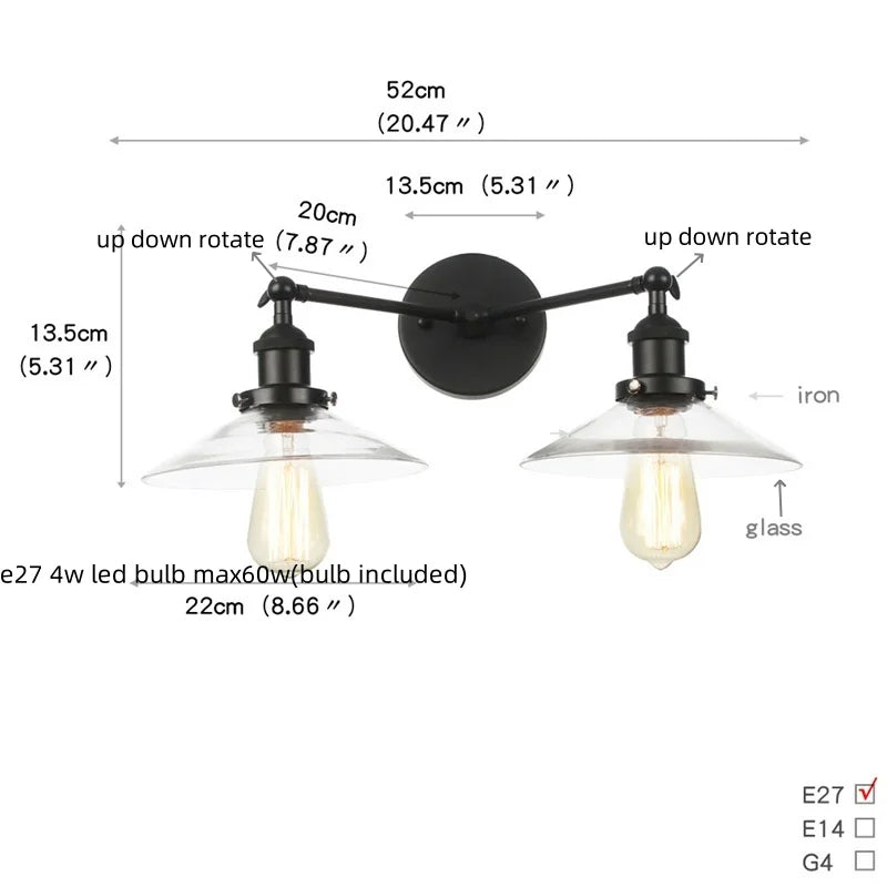 Black LED Wall Sconce 2-Head Lamp for Bedroom Bathroom Mirror