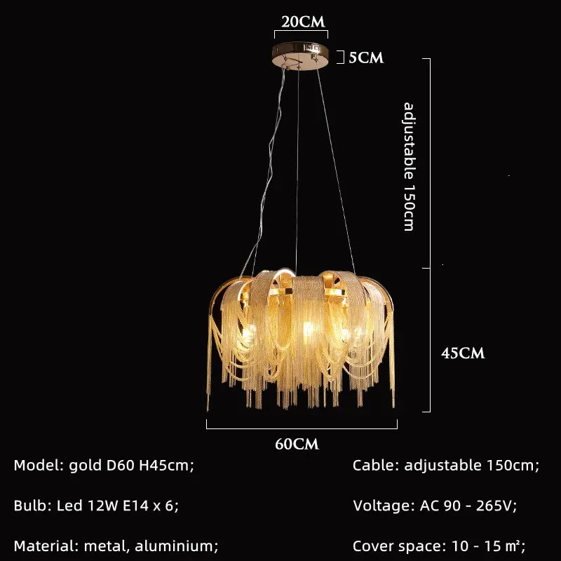 Modern E14 Pendant Lights by Afralia™: Tassel Design, Aluminium Construction, Chrome & Gold Finish