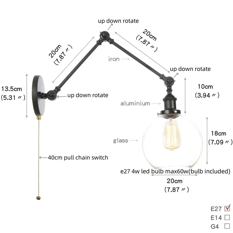 Afralia™ Vintage Industrial LED Wall Lamp with Pull Chain Switch & Clear Glass