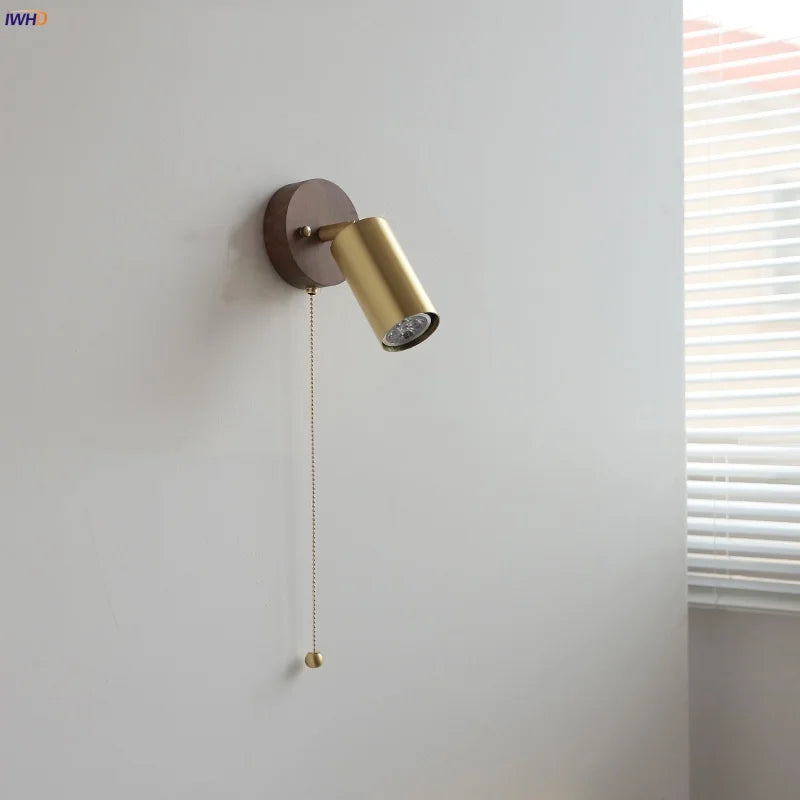 Copper Lampshade LED Wall Sconce Pull Chain Switch Nordic Modern Walnut Wood Mirror Light
