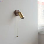 Copper Lampshade LED Wall Sconce Pull Chain Switch Nordic Modern Walnut Wood Mirror Light