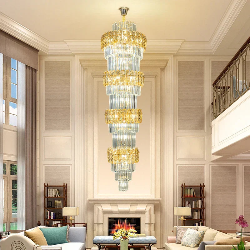 Elegant Crystal Hollow Long Chandelier for Duplex Living Room and Stairwell