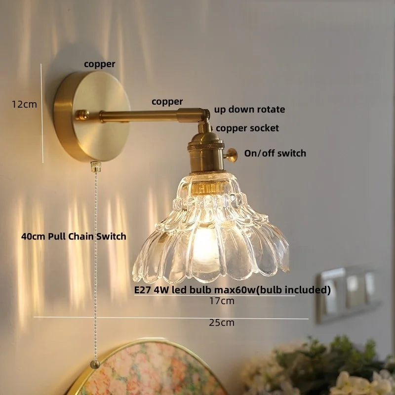 Afralia™ Copper Rotate LED Wall Light with Pull Chain Switch - Modern Glass Bedside Sconce