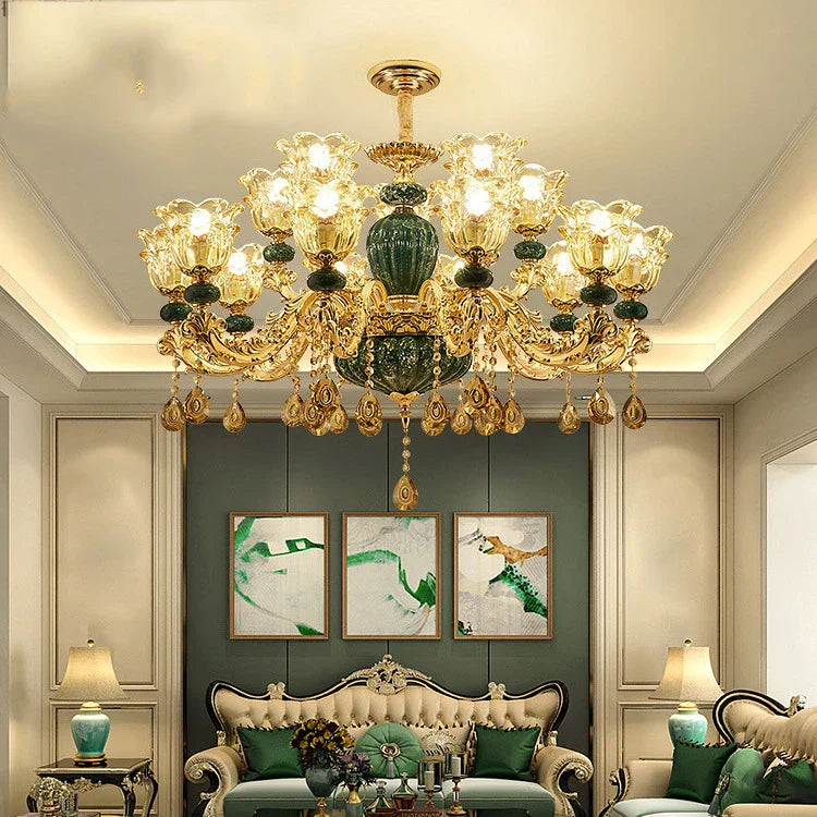 LED Crystal Ceramic Retro Ceiling Chandelier European Style Luxury Lamp