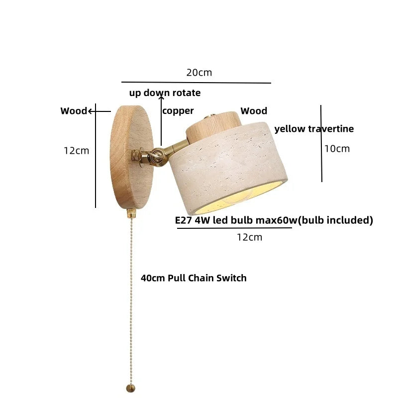 Yellow Travertine LED Wall Lamp with Pull Chain Switch, Japanese Style, Rotate Stair Light