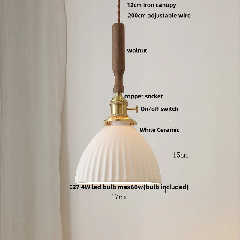 Afralia White Ceramic LED Pendant Light with Walnut Wood Accent - Modern Nordic Design