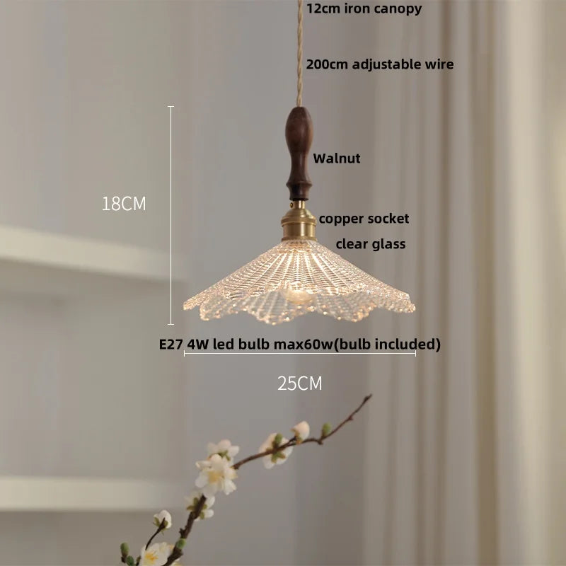 Nordic Walnut Wood LED Pendant Light Clear Glass Hang Lamp