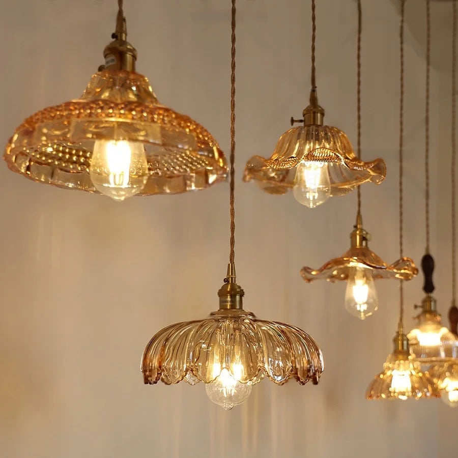 Modern Amber Flower Glass LED Pendant Light - Nordic Design