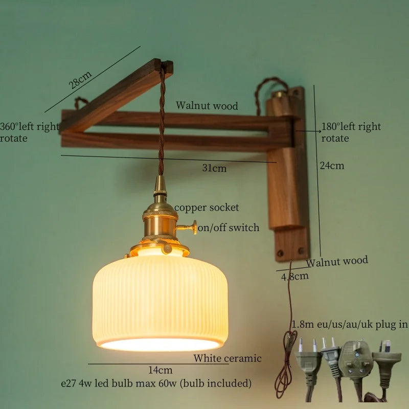 Walnut Wood LED Wall Lamp Copper Ceramic Minimalistic Loft Light