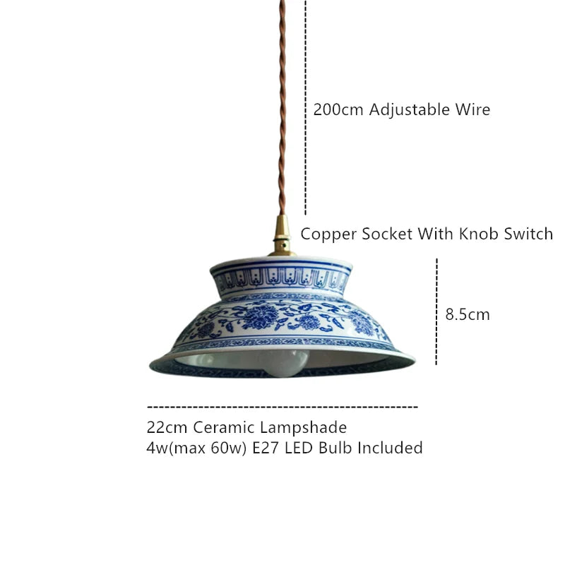 Vintage Ceramic LED Pendant Light with Adjustable Copper Socket & Knob Switch