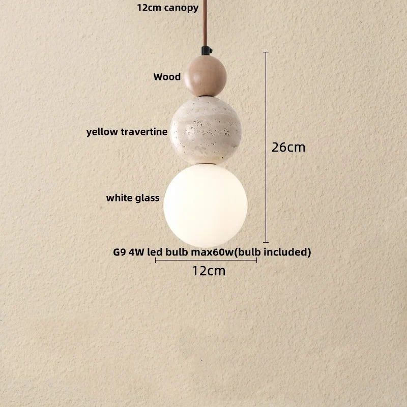 Yellow Travertine Wood Wire Adjustable LED Pendant Lights Modern Nordic Living Room