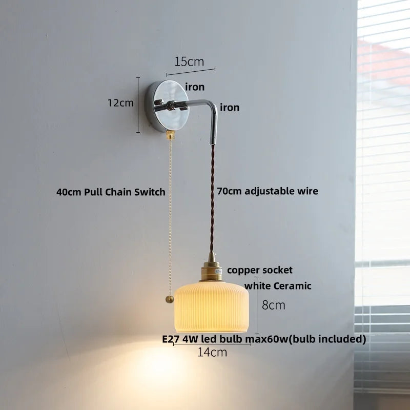 Ash Wood LED Wall Light with Pull Chain Switch, Japanese Style Bedside Lamp