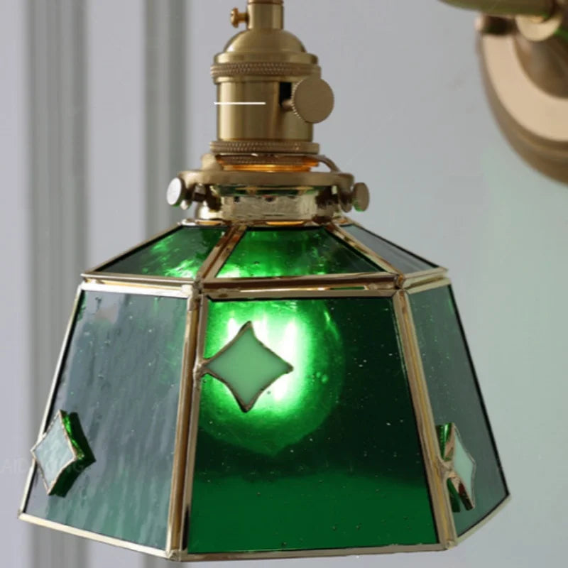 Green Glass LED Wall Sconce Copper Knob Switch Vintage Loft Stair Light