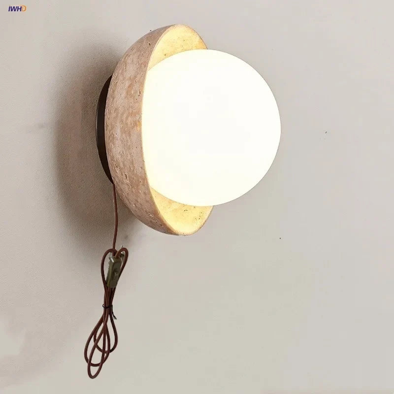 Nordic LED Wall Light White Glass Yellow Travertine Wood Canopy Bedside Lamp