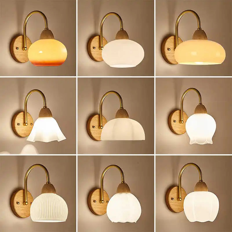 LED Glass Iron Wood Wall Light Fixture Modern Nordic Bedside Lamp