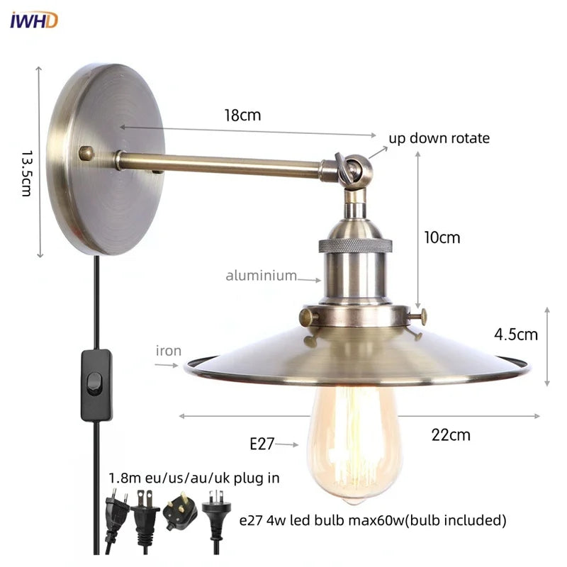 Loft LED Wall Lamp Gold Pull Chain Switch Industrial Luminaire