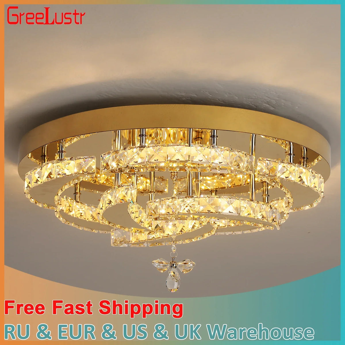 Crystal Drop Chandelier Ceiling Light with RC Dimming for Modern Home Decor